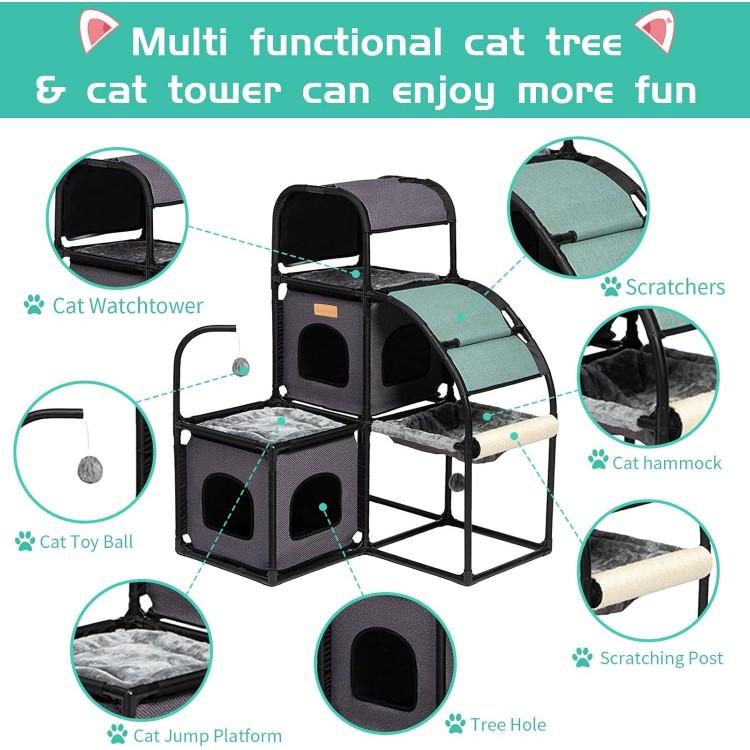 Cat Tree for Large Cat Indoor, Cat Tower, Cat Condo, Two Cat Perch, Two Cat Caves, Soft Cat Basket, Sisal Scratching Stairs, Toys(Grey 02)