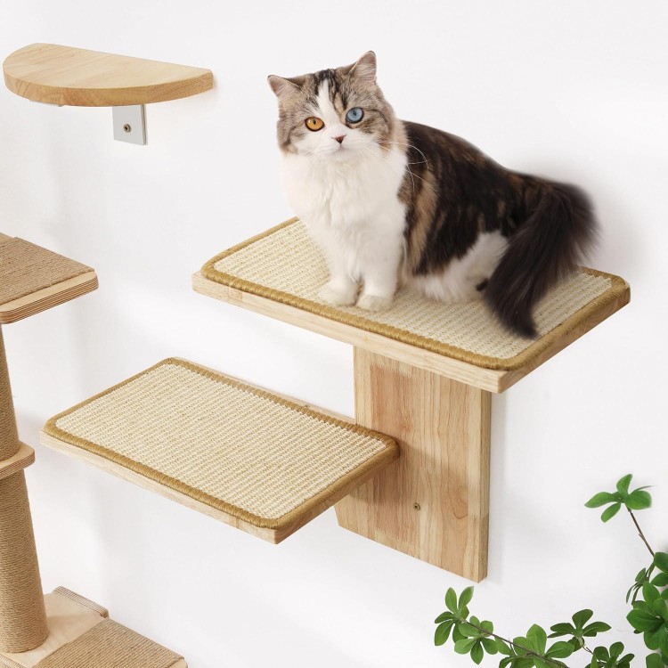 FUKUMARU Cat Wall Shelves, 2 Platform Cat Wall Furniture, Tree Shape Wall-Mounted Cat Floating Shelf with Sisal Mat, Solid Rubber Wood Cat Perch for 16 Inch Drywall, Suitable for Climb, Play, Nap