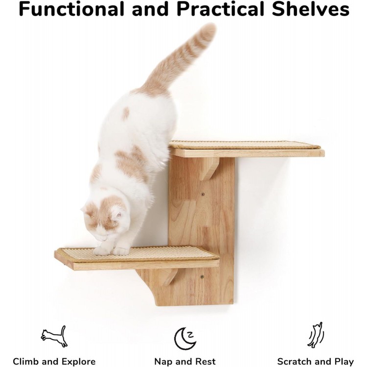 FUKUMARU Cat Wall Shelves, 2 Platform Cat Wall Furniture, Tree Shape Wall-Mounted Cat Floating Shelf with Sisal Mat, Solid Rubber Wood Cat Perch for 16 Inch Drywall, Suitable for Climb, Play, Nap