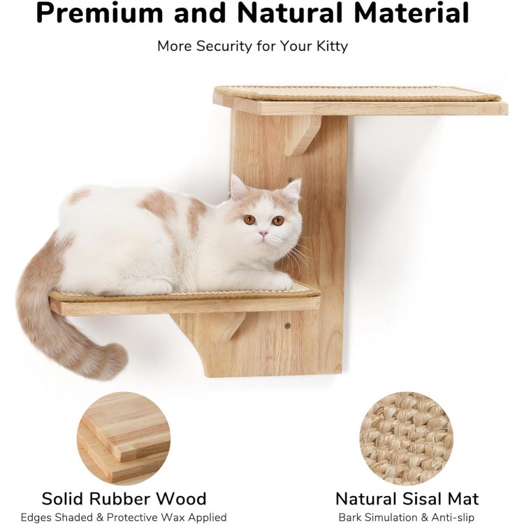 FUKUMARU Cat Wall Shelves, 2 Platform Cat Wall Furniture, Tree Shape Wall-Mounted Cat Floating Shelf with Sisal Mat, Solid Rubber Wood Cat Perch for 16 Inch Drywall, Suitable for Climb, Play, Nap