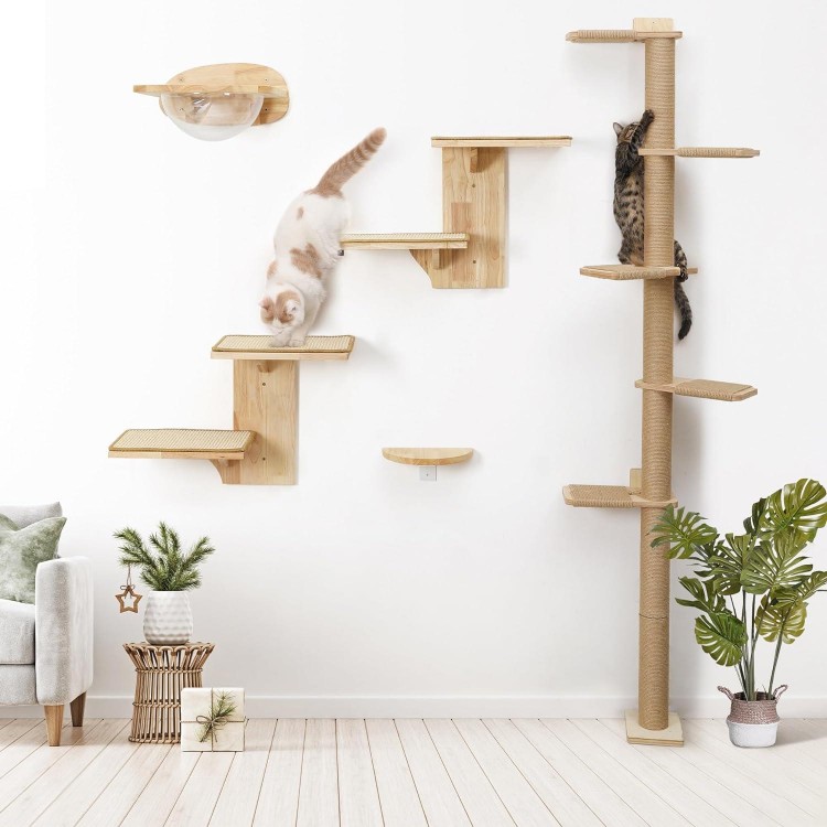 FUKUMARU Cat Wall Shelves, 2 Platform Cat Wall Furniture, Tree Shape Wall-Mounted Cat Floating Shelf with Sisal Mat, Solid Rubber Wood Cat Perch for 16 Inch Drywall, Suitable for Climb, Play, Nap