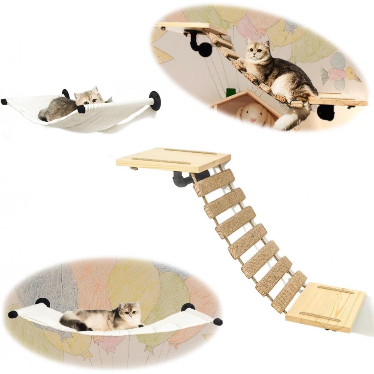 Cat Wall Frame for Climbing. Handcrafted Pine Furniture: Sisal Rope Suspension Bridge, Cat Hammock, Steps and Travel Platform. Suitable for Climb, Perch, Activity. DIY Cat Highway and Cat Wall.