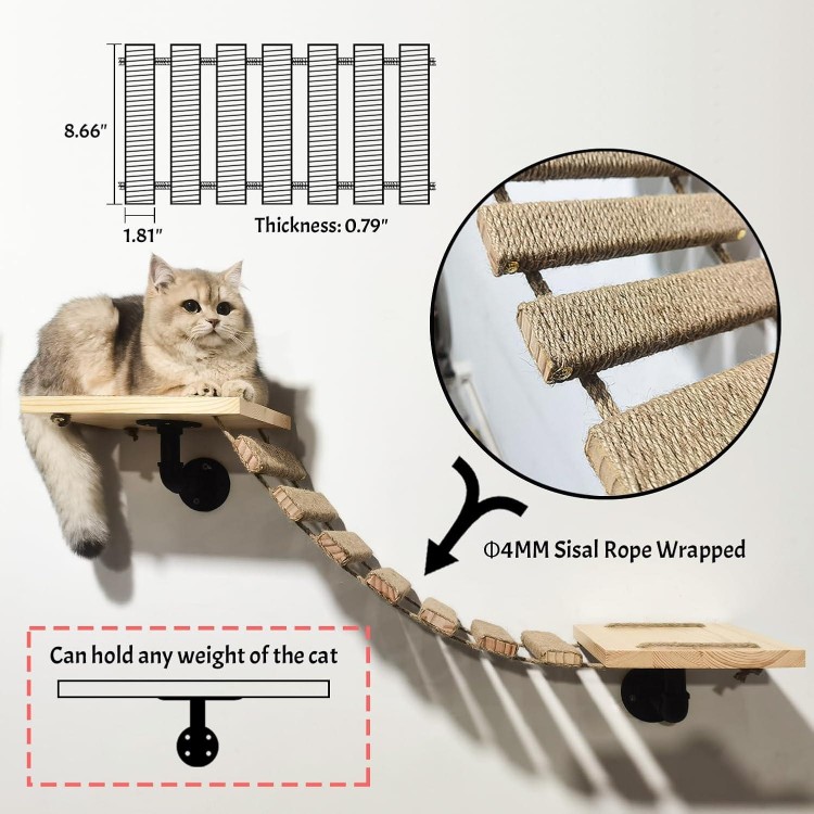 Cat Wall Frame for Climbing. Handcrafted Pine Furniture: Sisal Rope Suspension Bridge, Cat Hammock, Steps and Travel Platform. Suitable for Climb, Perch, Activity. DIY Cat Highway and Cat Wall.