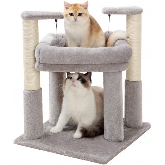 Made4Pets Cat Tree for Indoor Cats, Cat Tower with 2 Natural Sisal Scratching Post for Kitten, Kitty Cat Bed with Pom-pom Dangling Balls, Grey, DIY