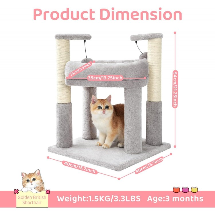 Made4Pets Cat Tree for Indoor Cats, Cat Tower with 2 Natural Sisal Scratching Post for Kitten, Kitty Cat Bed with Pom-pom Dangling Balls, Grey, DIY