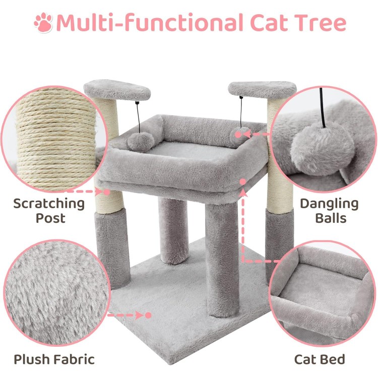 Made4Pets Cat Tree for Indoor Cats, Cat Tower with 2 Natural Sisal Scratching Post for Kitten, Kitty Cat Bed with Pom-pom Dangling Balls, Grey, DIY