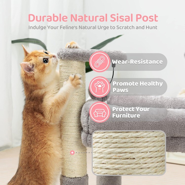 Made4Pets Cat Tree for Indoor Cats, Cat Tower with 2 Natural Sisal Scratching Post for Kitten, Kitty Cat Bed with Pom-pom Dangling Balls, Grey, DIY