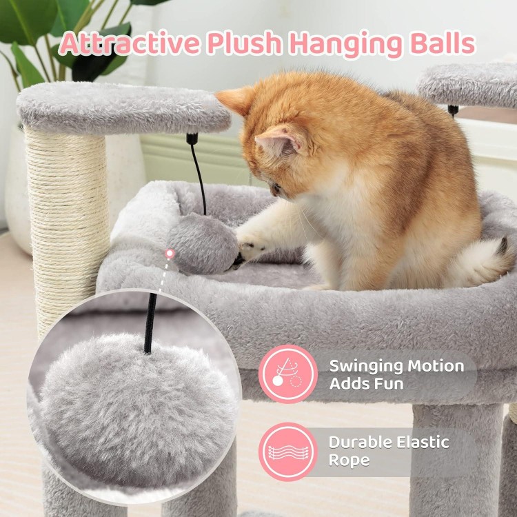 Made4Pets Cat Tree for Indoor Cats, Cat Tower with 2 Natural Sisal Scratching Post for Kitten, Kitty Cat Bed with Pom-pom Dangling Balls, Grey, DIY