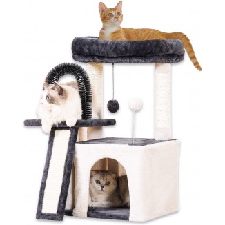 Happi N Pets Cat Tree Tower for Indoor Cats, Multi-Level Cat Tree with Scratching Posts & Pads, Cozy Cat Perch, Cat Self Groomer and Interactive Toys, Featuring with Large Cat Cave, Light Gray