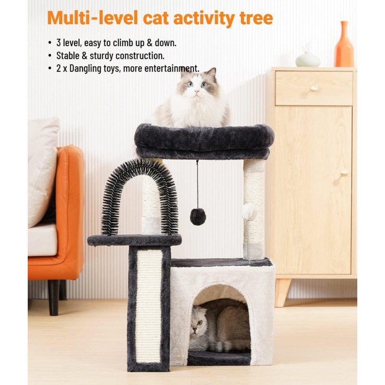 Happi N Pets Cat Tree Tower for Indoor Cats, Multi-Level Cat Tree with Scratching Posts & Pads, Cozy Cat Perch, Cat Self Groomer and Interactive Toys, Featuring with Large Cat Cave, Light Gray