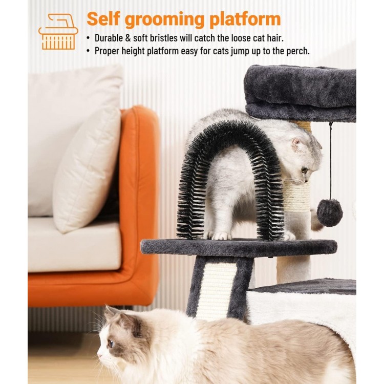 Happi N Pets Cat Tree Tower for Indoor Cats, Multi-Level Cat Tree with Scratching Posts & Pads, Cozy Cat Perch, Cat Self Groomer and Interactive Toys, Featuring with Large Cat Cave, Light Gray