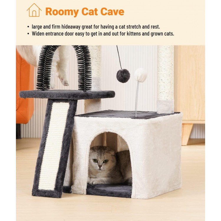 Happi N Pets Cat Tree Tower for Indoor Cats, Multi-Level Cat Tree with Scratching Posts & Pads, Cozy Cat Perch, Cat Self Groomer and Interactive Toys, Featuring with Large Cat Cave, Light Gray