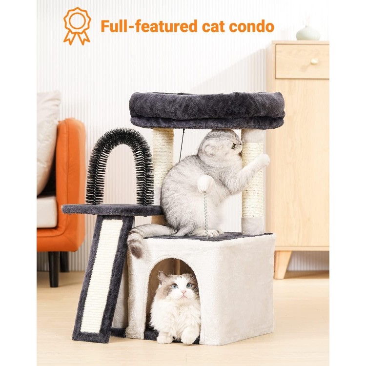 Happi N Pets Cat Tree Tower for Indoor Cats, Multi-Level Cat Tree with Scratching Posts & Pads, Cozy Cat Perch, Cat Self Groomer and Interactive Toys, Featuring with Large Cat Cave, Light Gray