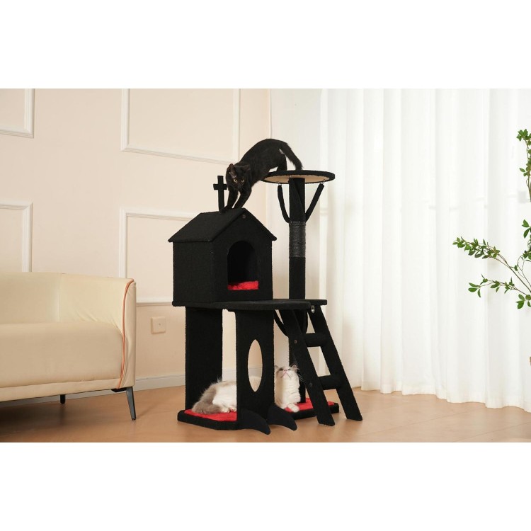 Aesthetic Gothic Cat Tree, 3-Layer Sturdy Black Cat Tower, Spacious Play Area Fits Two Cats, Soft and Cushioned Goth Cat Tower for Halloween