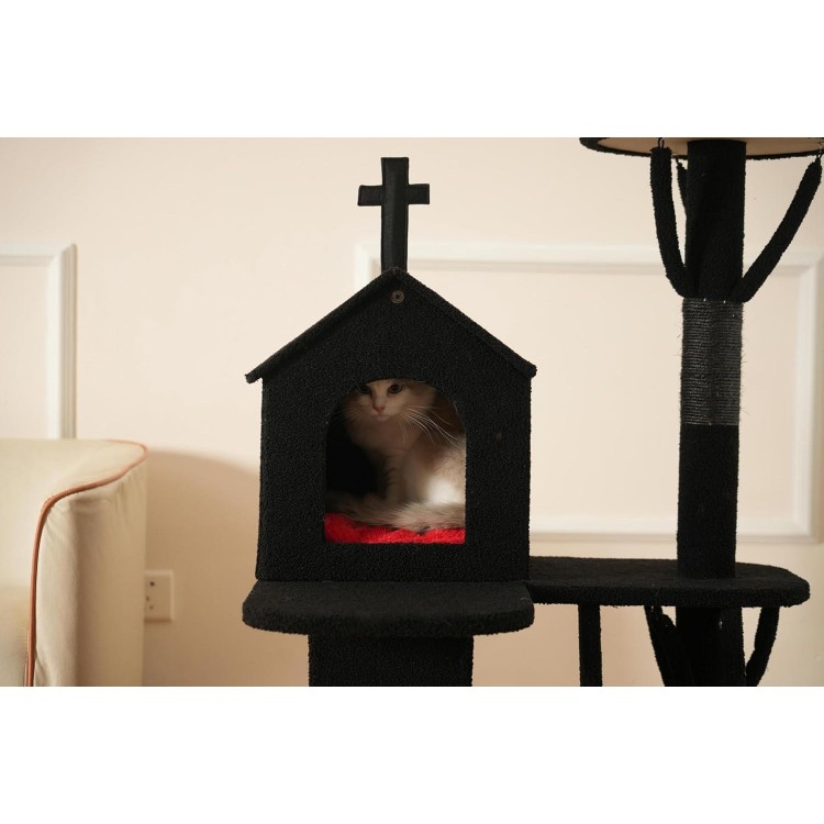 Aesthetic Gothic Cat Tree, 3-Layer Sturdy Black Cat Tower, Spacious Play Area Fits Two Cats, Soft and Cushioned Goth Cat Tower for Halloween