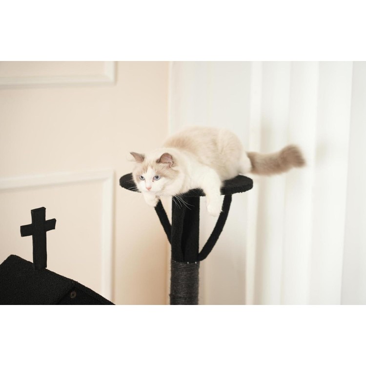 Aesthetic Gothic Cat Tree, 3-Layer Sturdy Black Cat Tower, Spacious Play Area Fits Two Cats, Soft and Cushioned Goth Cat Tower for Halloween