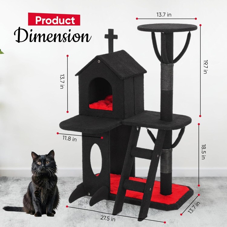 Aesthetic Gothic Cat Tree, 3-Layer Sturdy Black Cat Tower, Spacious Play Area Fits Two Cats, Soft and Cushioned Goth Cat Tower for Halloween