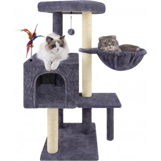 Multifunction Cat Tree has Cozy Hammock & Hanging Ball, Cat Tower with Activity Centre Furniture & Jute-Covered Scratching Posts Grey