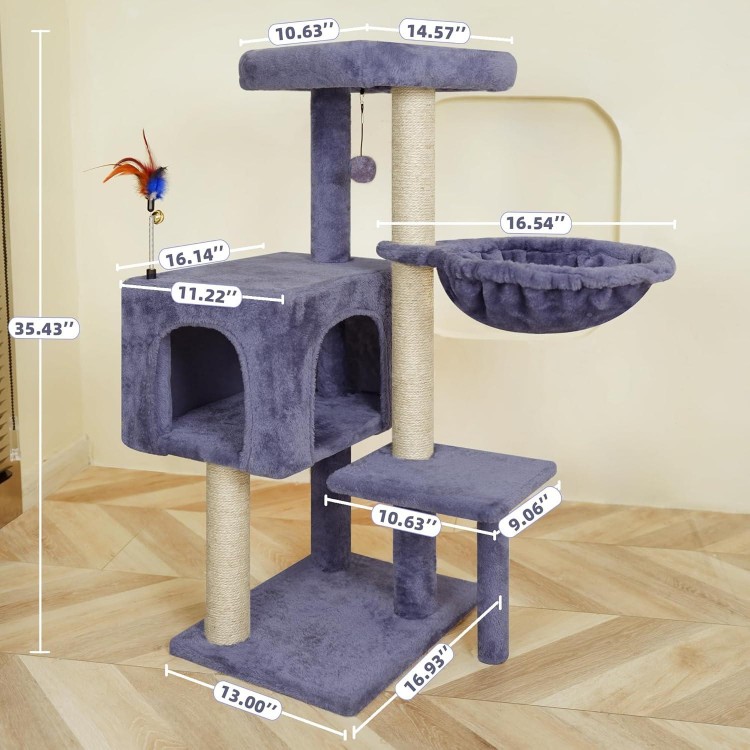 Multifunction Cat Tree has Cozy Hammock & Hanging Ball, Cat Tower with Activity Centre Furniture & Jute-Covered Scratching Posts Grey