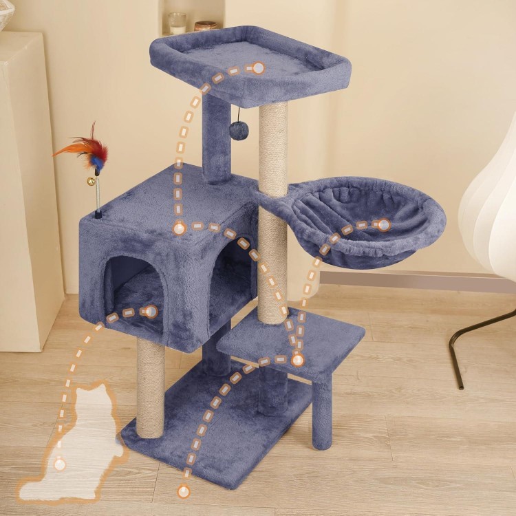 Multifunction Cat Tree has Cozy Hammock & Hanging Ball, Cat Tower with Activity Centre Furniture & Jute-Covered Scratching Posts Grey