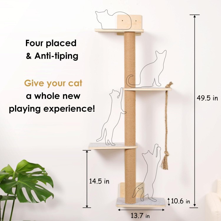 Wall Mounted Cat Tree,50 Inch Tall Wall Cat Tree,4 Tier Cat Climbing Wall Shelves with Scratcher Post for Indoor Cats Activity,Cat Wall Furniture with Soft Felt Pads & Cushion