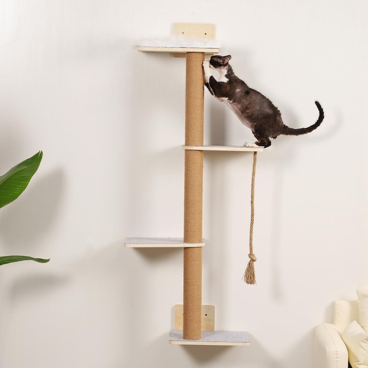 Wall Mounted Cat Tree,50 Inch Tall Wall Cat Tree,4 Tier Cat Climbing Wall Shelves with Scratcher Post for Indoor Cats Activity,Cat Wall Furniture with Soft Felt Pads & Cushion