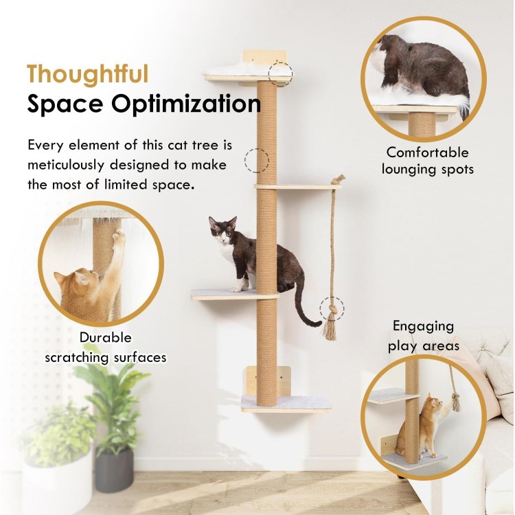 Wall Mounted Cat Tree,50 Inch Tall Wall Cat Tree,4 Tier Cat Climbing Wall Shelves with Scratcher Post for Indoor Cats Activity,Cat Wall Furniture with Soft Felt Pads & Cushion