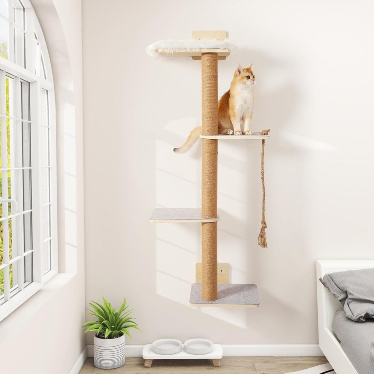 Wall Mounted Cat Tree,50 Inch Tall Wall Cat Tree,4 Tier Cat Climbing Wall Shelves with Scratcher Post for Indoor Cats Activity,Cat Wall Furniture with Soft Felt Pads & Cushion