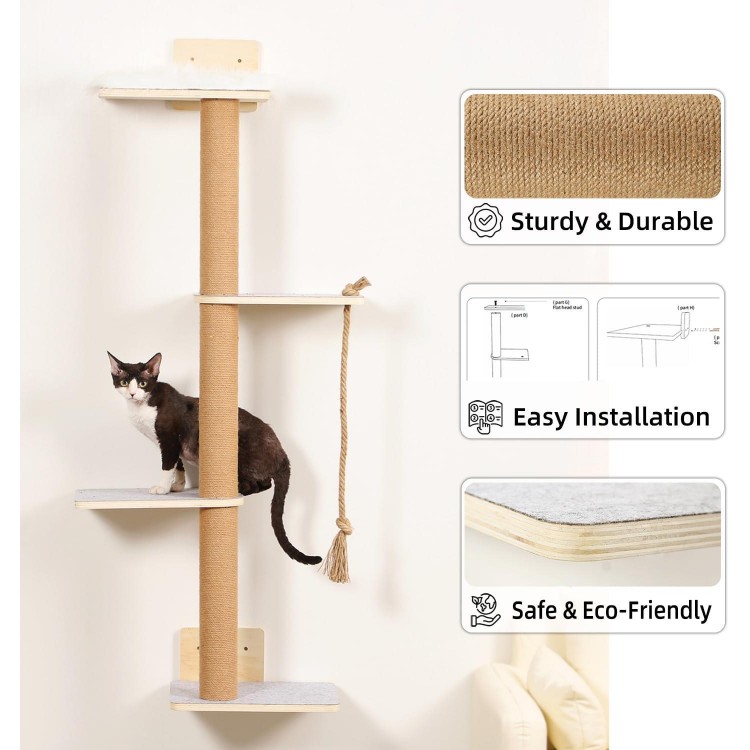 Wall Mounted Cat Tree,50 Inch Tall Wall Cat Tree,4 Tier Cat Climbing Wall Shelves with Scratcher Post for Indoor Cats Activity,Cat Wall Furniture with Soft Felt Pads & Cushion