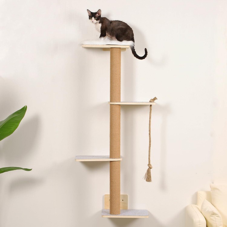 Wall Mounted Cat Tree,50 Inch Tall Wall Cat Tree,4 Tier Cat Climbing Wall Shelves with Scratcher Post for Indoor Cats Activity,Cat Wall Furniture with Soft Felt Pads & Cushion