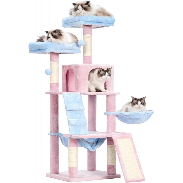 Heybly Cat Tree, Cat Tower for Indoor Cats,Multi-Level Cat Furniture Condo for Cats with Padded Plush Perch, Cozy Basket and Scratching Board,Blue and Pink HCT014BP