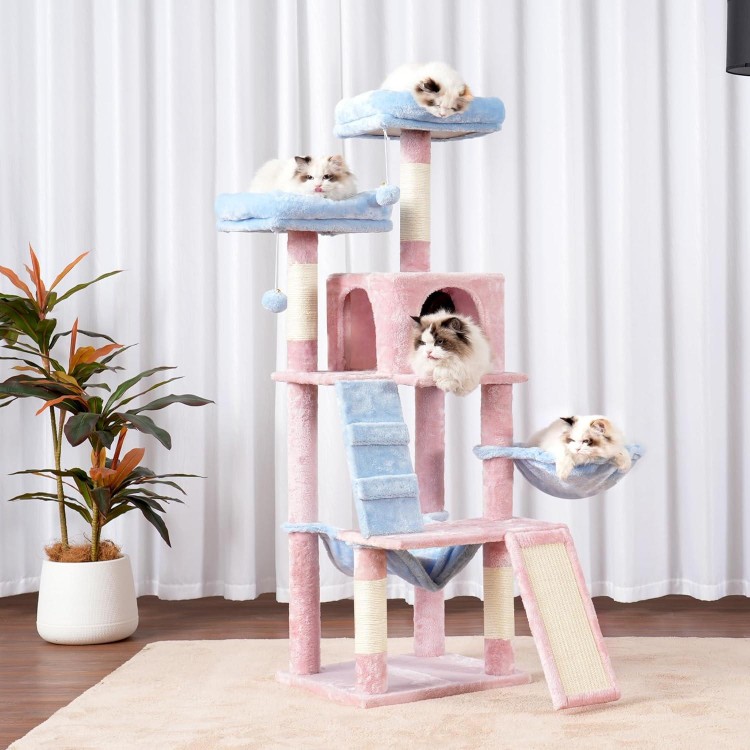 Heybly Cat Tree, Cat Tower for Indoor Cats,Multi-Level Cat Furniture Condo for Cats with Padded Plush Perch, Cozy Basket and Scratching Board,Blue and Pink HCT014BP