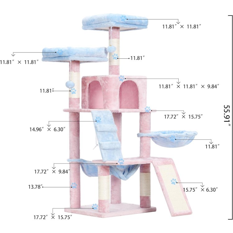 Heybly Cat Tree, Cat Tower for Indoor Cats,Multi-Level Cat Furniture Condo for Cats with Padded Plush Perch, Cozy Basket and Scratching Board,Blue and Pink HCT014BP