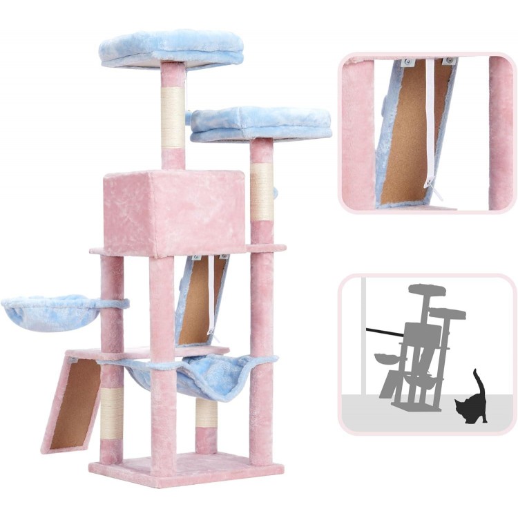 Heybly Cat Tree, Cat Tower for Indoor Cats,Multi-Level Cat Furniture Condo for Cats with Padded Plush Perch, Cozy Basket and Scratching Board,Blue and Pink HCT014BP