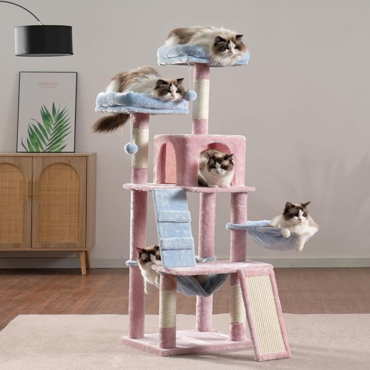 Heybly Cat Tree, Cat Tower for Indoor Cats,Multi-Level Cat Furniture Condo for Cats with Padded Plush Perch, Cozy Basket and Scratching Board,Blue and Pink HCT014BP