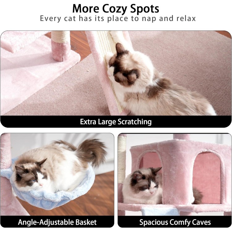 Heybly Cat Tree, Cat Tower for Indoor Cats,Multi-Level Cat Furniture Condo for Cats with Padded Plush Perch, Cozy Basket and Scratching Board,Blue and Pink HCT014BP