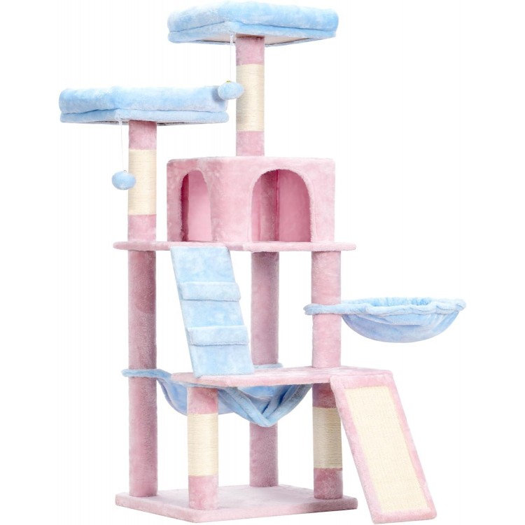 Heybly Cat Tree, Cat Tower for Indoor Cats,Multi-Level Cat Furniture Condo for Cats with Padded Plush Perch, Cozy Basket and Scratching Board,Blue and Pink HCT014BP