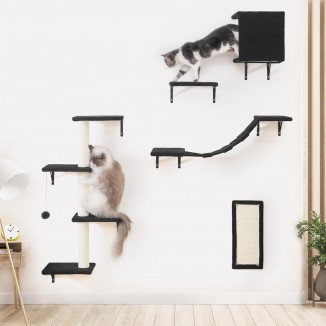 Modern Wall-Mounted Cat Furniture - 5pcs Cat Wall Shelves, Stable Wooden Cat Climber with Cat House, Bridge, Tree, Steps, and Scratcher - Black