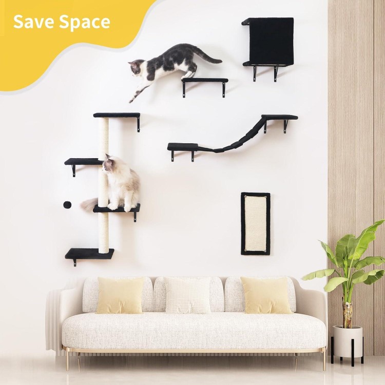 Modern Wall-Mounted Cat Furniture - 5pcs Cat Wall Shelves, Stable Wooden Cat Climber with Cat House, Bridge, Tree, Steps, and Scratcher - Black