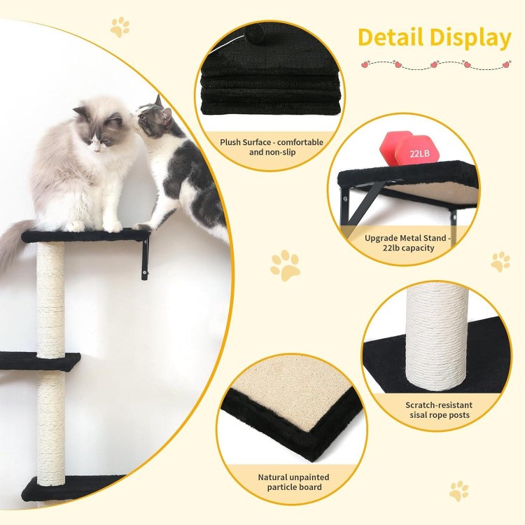 Modern Wall-Mounted Cat Furniture - 5pcs Cat Wall Shelves, Stable Wooden Cat Climber with Cat House, Bridge, Tree, Steps, and Scratcher - Black