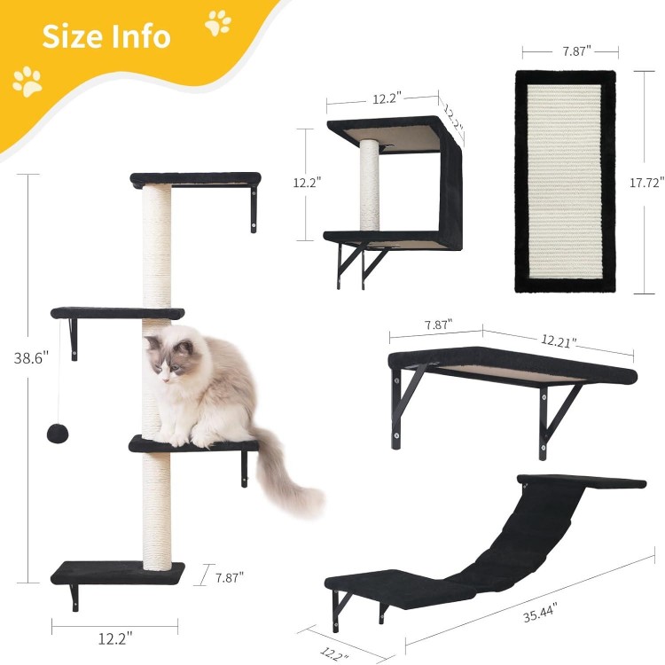 Modern Wall-Mounted Cat Furniture - 5pcs Cat Wall Shelves, Stable Wooden Cat Climber with Cat House, Bridge, Tree, Steps, and Scratcher - Black