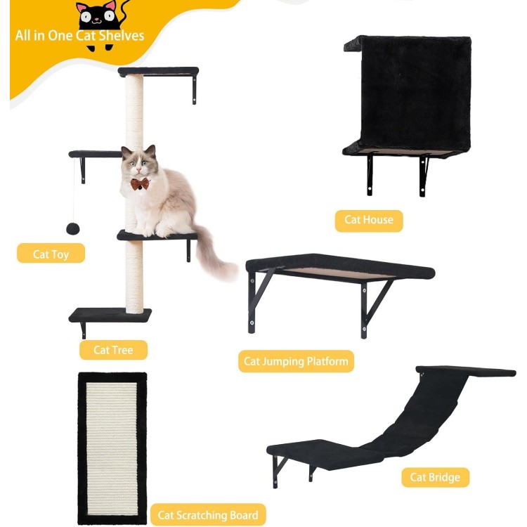 Modern Wall-Mounted Cat Furniture - 5pcs Cat Wall Shelves, Stable Wooden Cat Climber with Cat House, Bridge, Tree, Steps, and Scratcher - Black