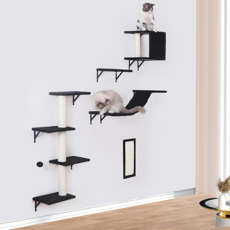 Modern Wall-Mounted Cat Furniture - 5pcs Cat Wall Shelves, Stable Wooden Cat Climber with Cat House, Bridge, Tree, Steps, and Scratcher - Black