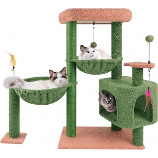 YOUPET 33.46 Cactus Cat Tree Tower with Cat Condo and Scratching Post for Indoor Cats, Activity Center Cat Furniture with Two Big Hammock and Spring Toy Balls, Green