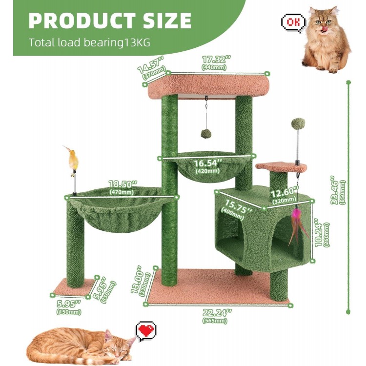 YOUPET 33.46 Cactus Cat Tree Tower with Cat Condo and Scratching Post for Indoor Cats, Activity Center Cat Furniture with Two Big Hammock and Spring Toy Balls, Green