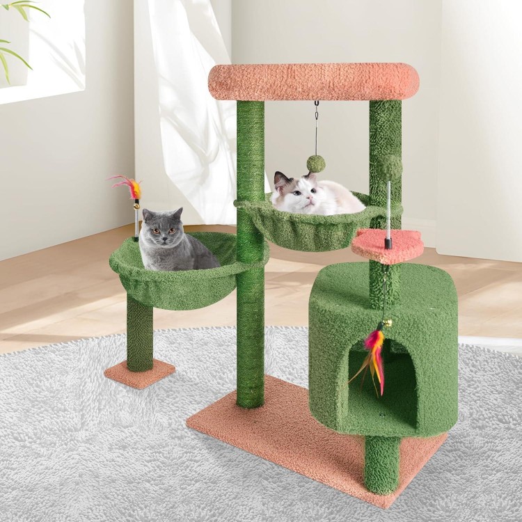 YOUPET 33.46 Cactus Cat Tree Tower with Cat Condo and Scratching Post for Indoor Cats, Activity Center Cat Furniture with Two Big Hammock and Spring Toy Balls, Green