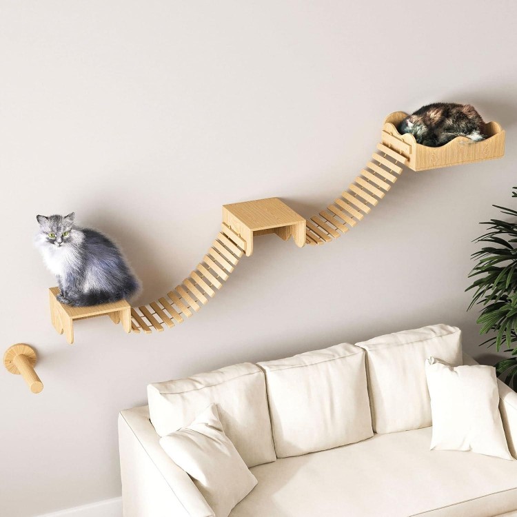 Cat Hammock for Wall Furniture,Cat Climbing Shelves Cat Wall Mounted Cat Bed Frame with Scratching Post 2 Bridge 2 Platform Shelf