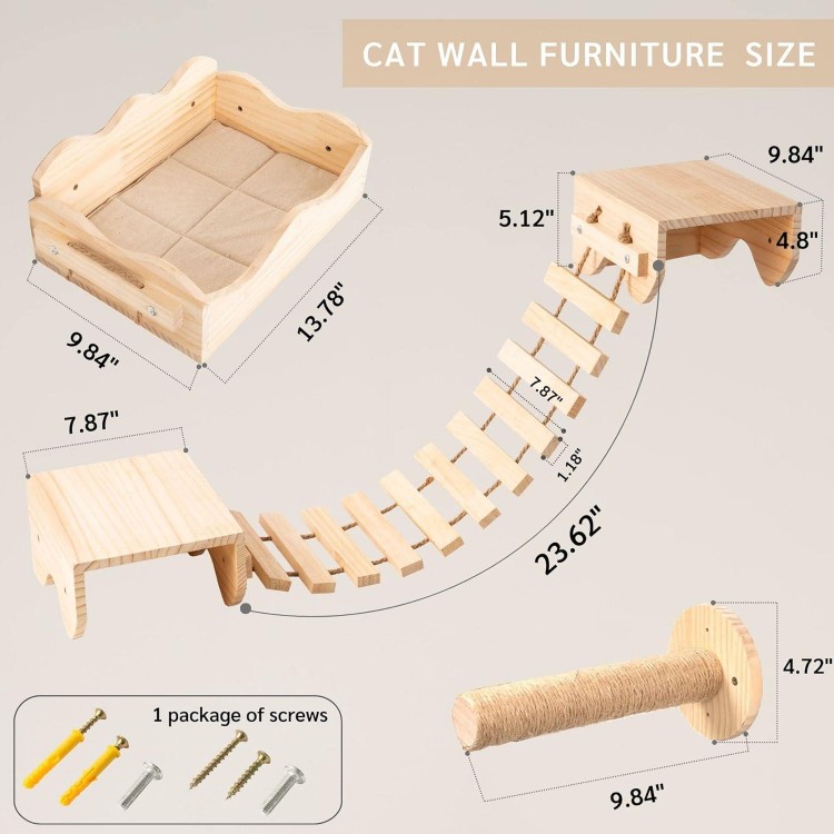 Cat Hammock for Wall Furniture,Cat Climbing Shelves Cat Wall Mounted Cat Bed Frame with Scratching Post 2 Bridge 2 Platform Shelf