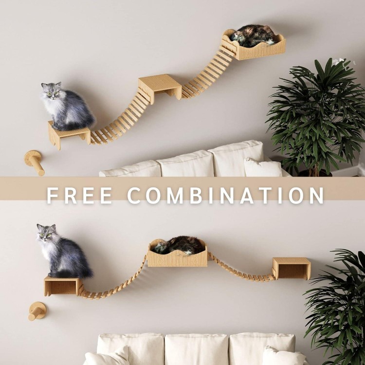 Cat Hammock for Wall Furniture,Cat Climbing Shelves Cat Wall Mounted Cat Bed Frame with Scratching Post 2 Bridge 2 Platform Shelf