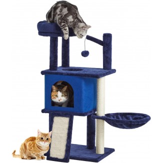 36.6 Medium Cat Tree House for Indoor Cats Soft Plush Multi-Level Cat Condo House with Hammock, Scratching Post, Navy